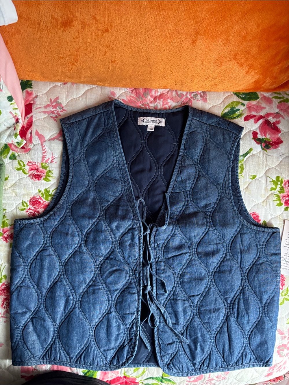 Nanette Lepore Scroll Quilted Tie Front Washed Denim Vest - Picture 4 of 7